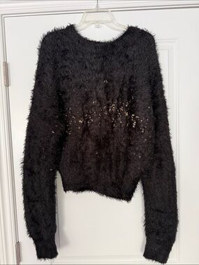 Petal & Pup Black Fuzzy Crewneck Sweater with Gold Metallic Detail